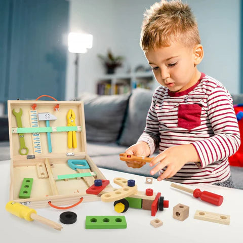 Montessori Spieltruhe – Holz Werkzeugkiste Lernspielzeug ab 3 Jahren