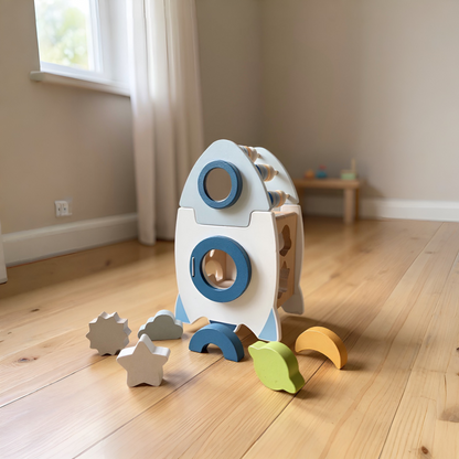 Montessori Holzrakete 5-in-1 – Lernspielzeug Formen, Farben & Zahlen ab 3 Jahren