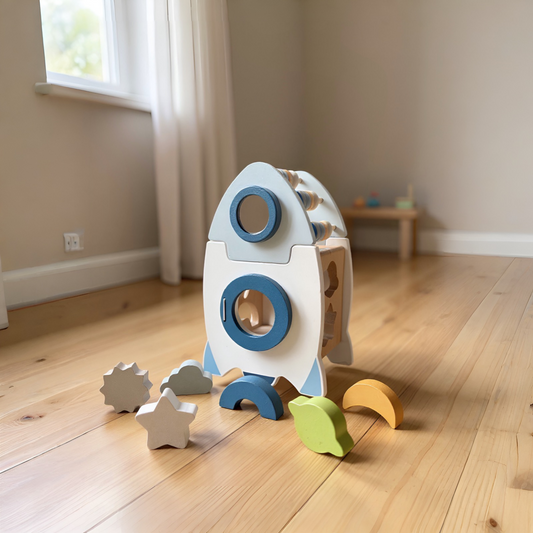 Montessori Holzrakete 5-in-1 – Lernspielzeug Formen, Farben & Zahlen ab 3 Jahren