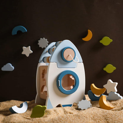 Montessori Holzrakete 5-in-1 – Lernspielzeug Formen, Farben & Zahlen ab 3 Jahren
